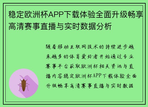稳定欧洲杯APP下载体验全面升级畅享高清赛事直播与实时数据分析