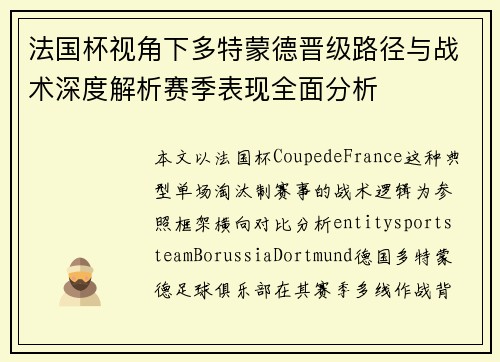 法国杯视角下多特蒙德晋级路径与战术深度解析赛季表现全面分析